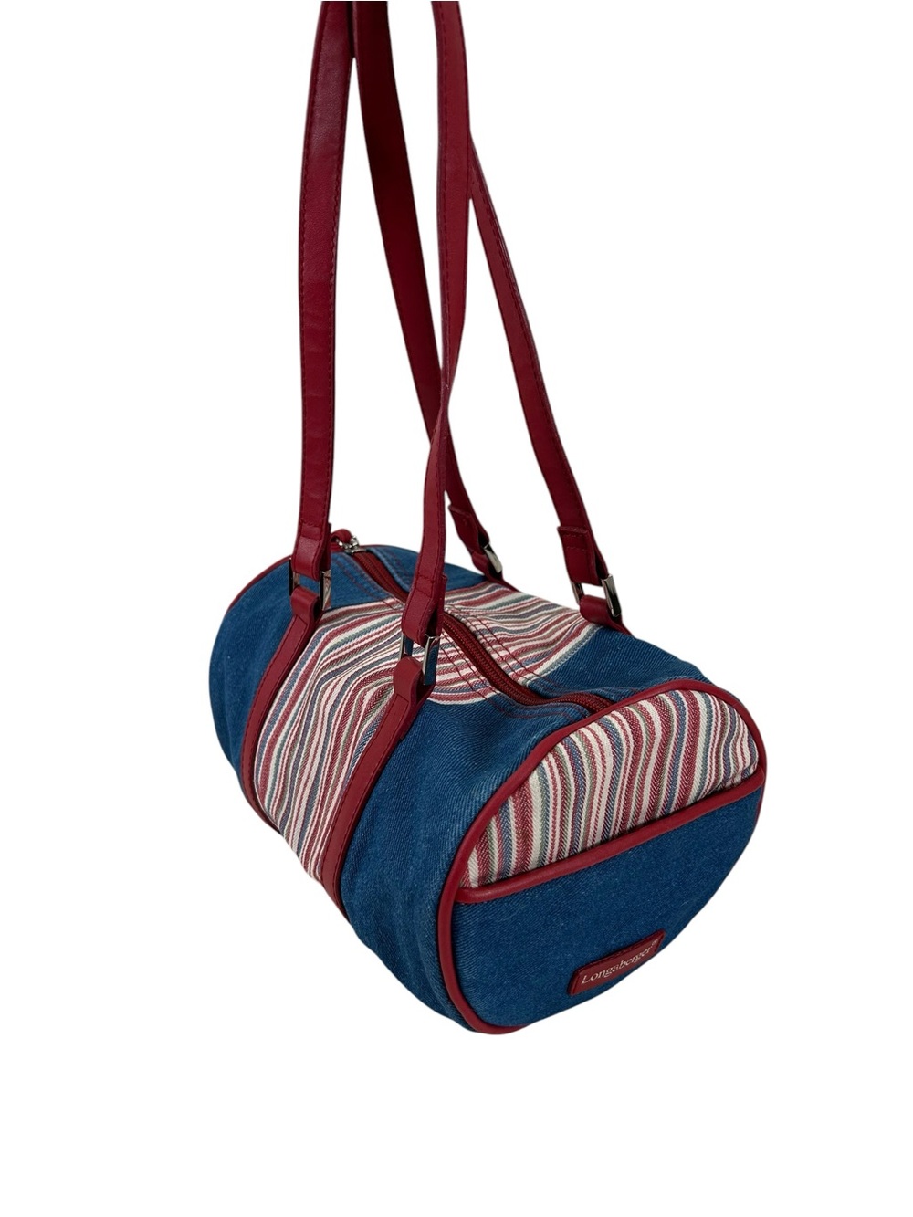 Vintage Longaberger Homestead Denim Stripe Barrel Satchel Shoulder Bag Y2K